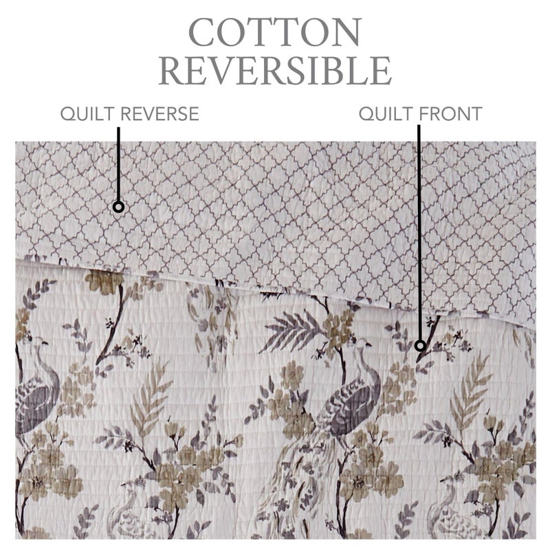 Levtex Home Pisa Reversible Full/Queen Quilt Set (88x92in) with 2 Pillow Shams (26x20in) - Floral Peacock - Grey, Taupe - 100% Cotton Full/Queen Size Quilt Bedding Set - Lightweight, Soft, Pre-Washed - Image 4